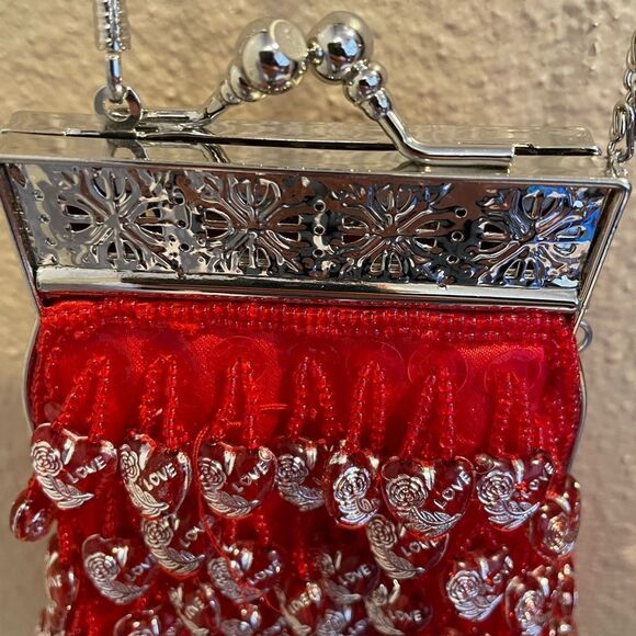 La viola Vintage Red Satin LOVE Beads with Hearts Long Chain Crossbody Purse - Picture 14 of 16